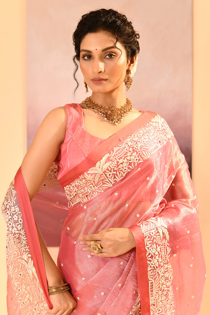 Soft Pink Tissue Embroidered Saree