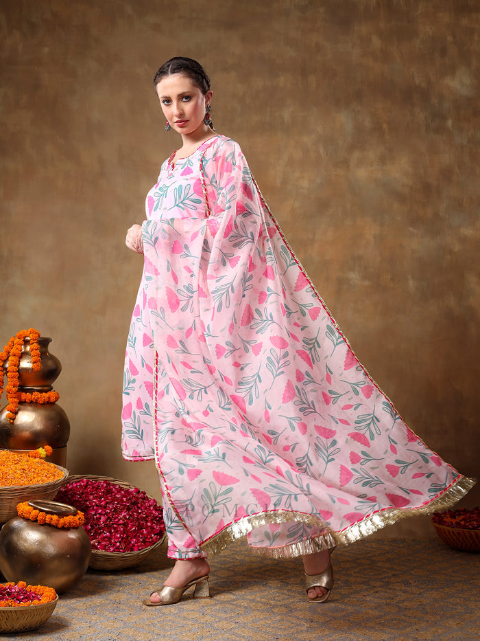 Soft Pink Tulip Motif Georgette Salwar Set With Metallic Gota Trims
