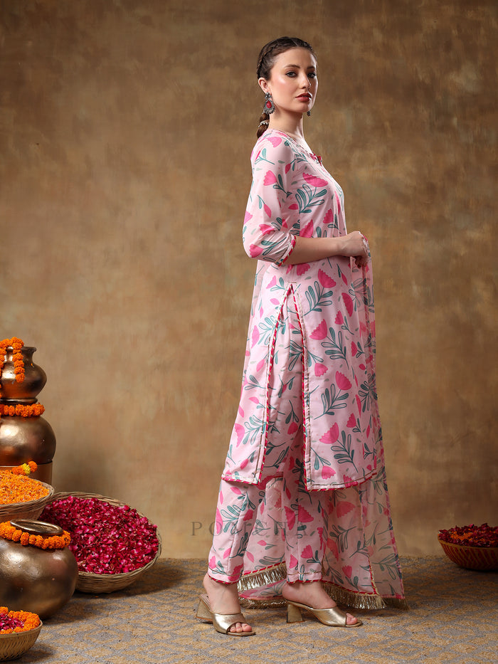 Soft Pink Tulip Motif Georgette Salwar Set With Metallic Gota Trims