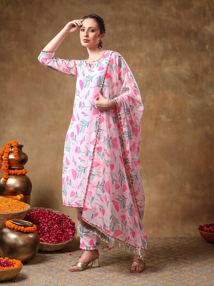 Soft Pink Tulip Motif Georgette Salwar Set With Metallic Gota Trims