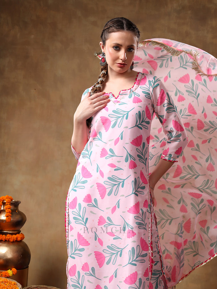 Soft Pink Tulip Motif Georgette Salwar Set With Metallic Gota Trims