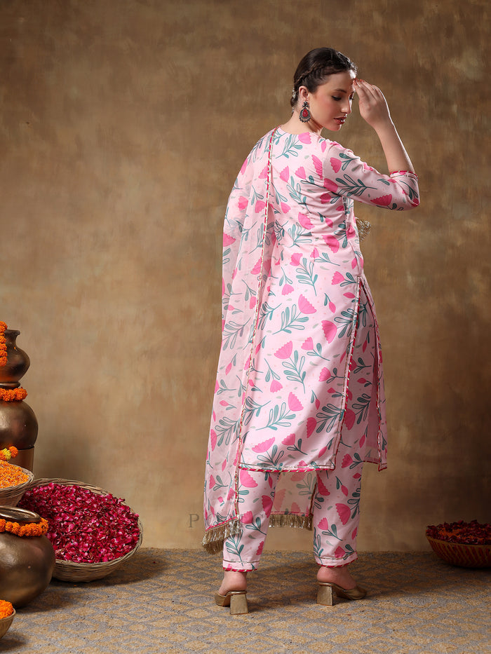 Soft Pink Tulip Motif Georgette Salwar Set With Metallic Gota Trims