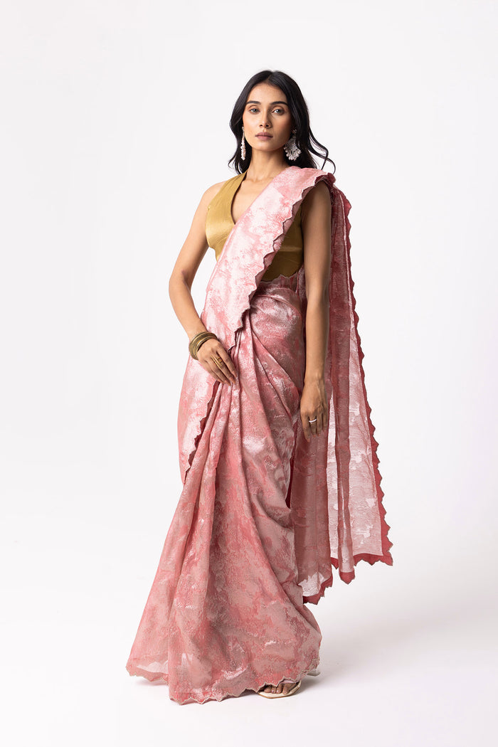 Soft Pink Viscose Jacquard Saree With Scallop Border