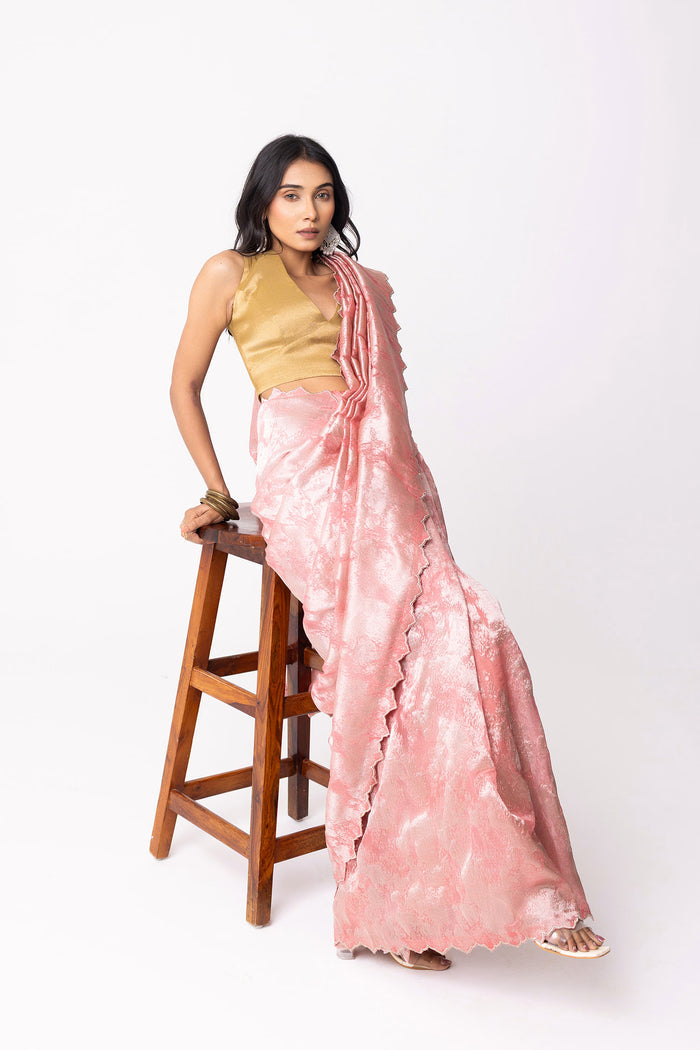 Soft Pink Viscose Jacquard Saree With Scallop Border