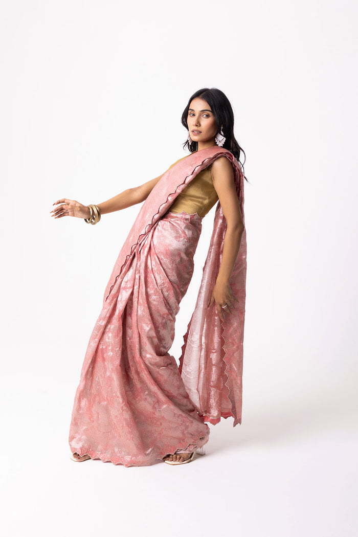 Soft Pink Viscose Jacquard Saree With Scallop Border