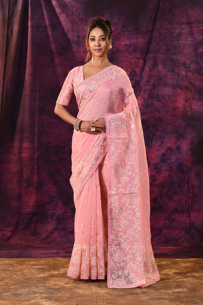 Soft Pink With Chikankari Floral Embroidery Georgette Saree