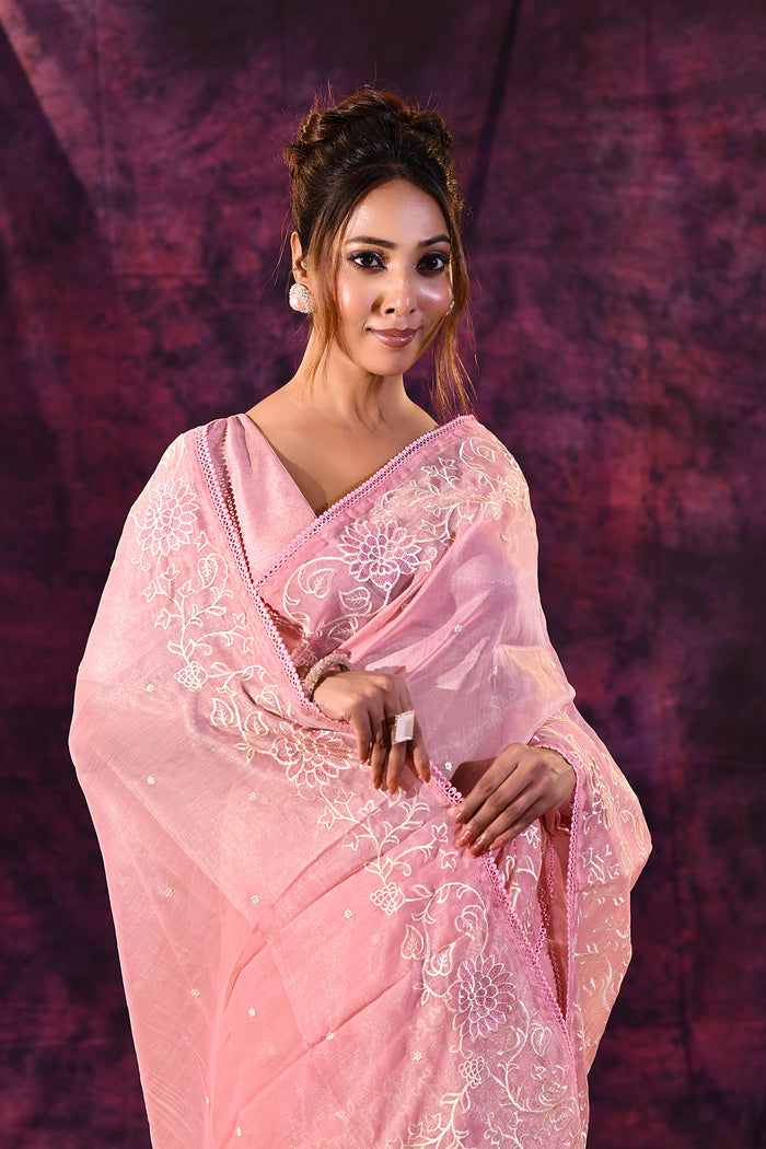 Soft Pink With Chikankari Floral Embroidery Georgette Saree