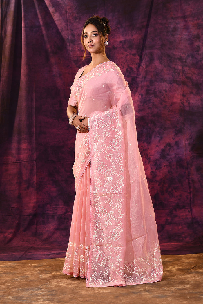 Soft Pink With Chikankari Floral Embroidery Georgette Saree