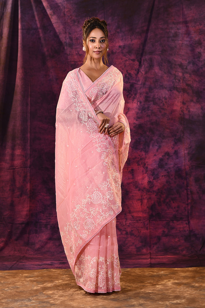 Soft Pink With Chikankari Floral Embroidery Georgette Saree