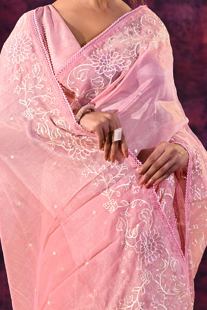 Soft Pink With Chikankari Floral Embroidery Georgette Saree