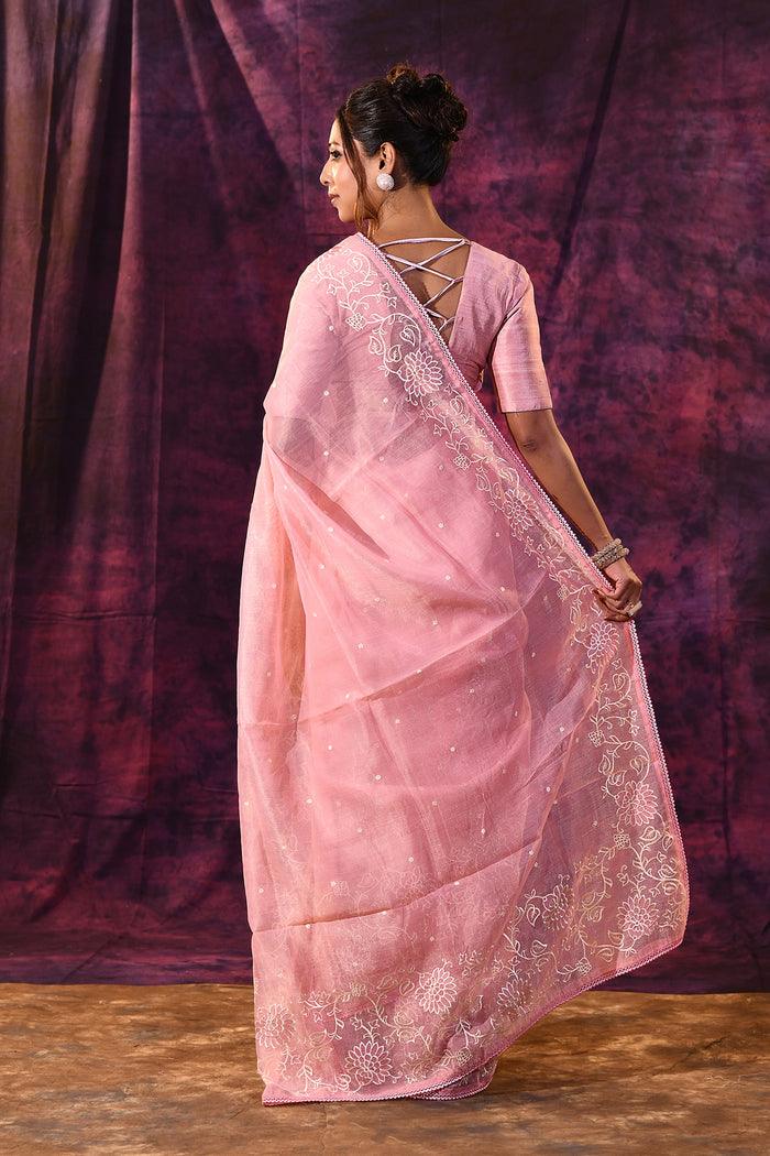 Soft Pink With Chikankari Floral Embroidery Georgette Saree