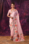 Soft Pink With Hand-Painted Vibrant Rose Border Design Chanderi Saree