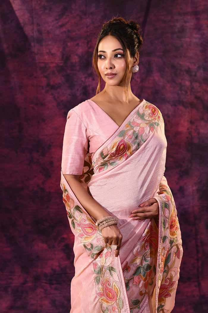 Soft Pink With Hand-Painted Vibrant Rose Border Design Chanderi Saree