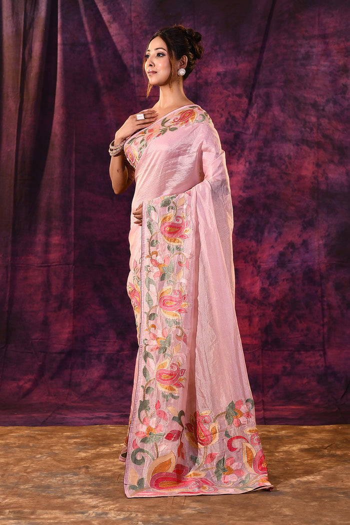 Soft Pink With Hand-Painted Vibrant Rose Border Design Chanderi Saree