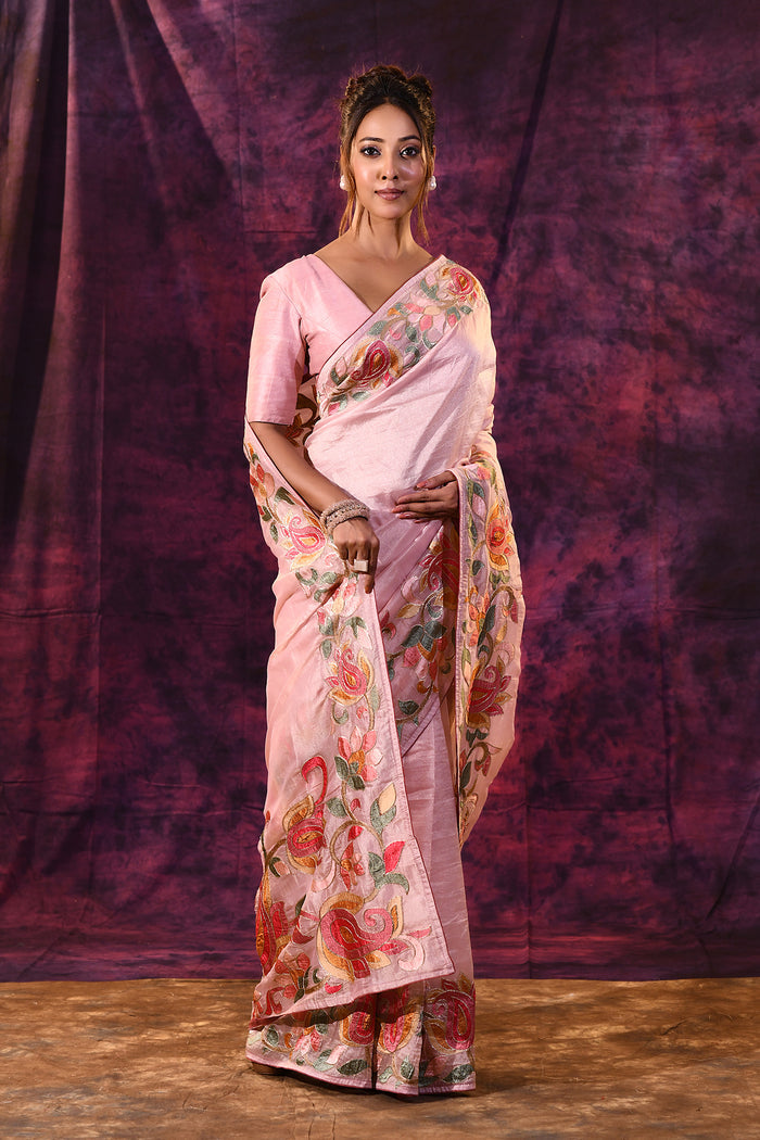 Soft Pink With Hand-Painted Vibrant Rose Border Design Chanderi Saree