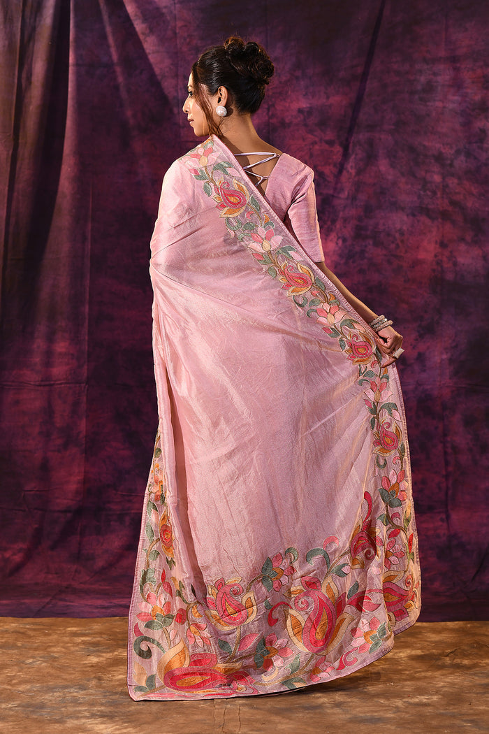 Soft Pink With Hand-Painted Vibrant Rose Border Design Chanderi Saree