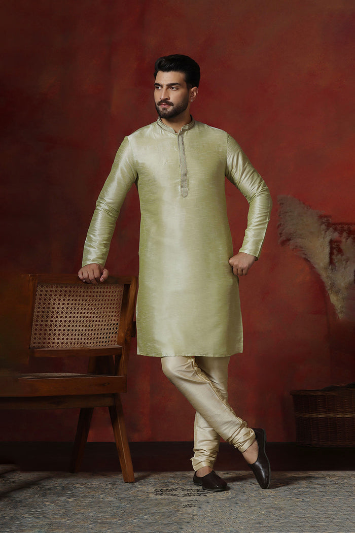 Soft Pista Green Solid Dupion Kurta Set