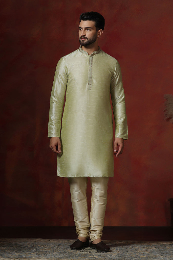 Soft Pista Green Solid Dupion Kurta Set