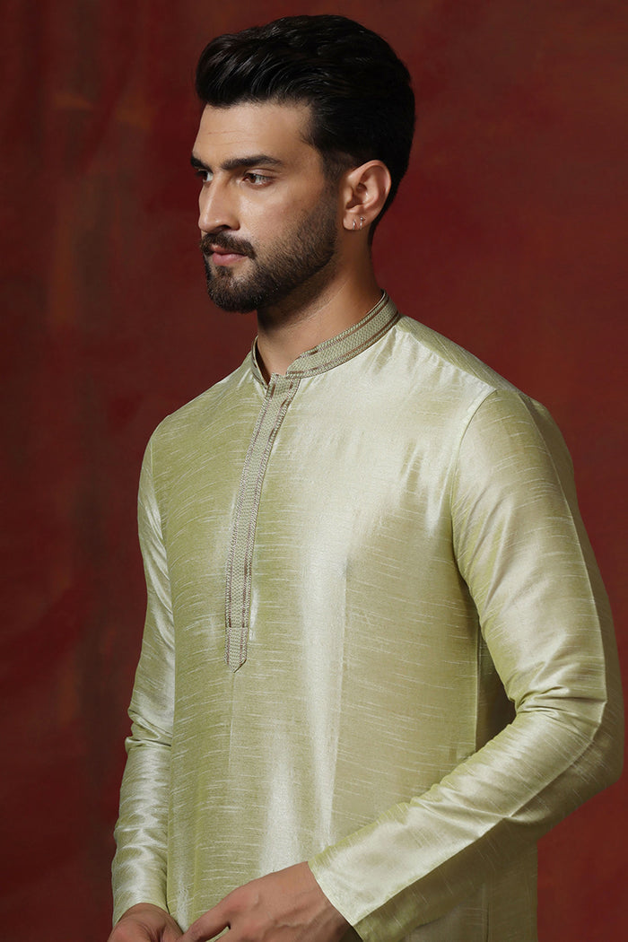Soft Pista Green Solid Dupion Kurta Set