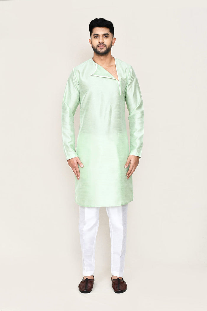 Soft Pistachio Green Art Silk Kurta Set With Designer Neck