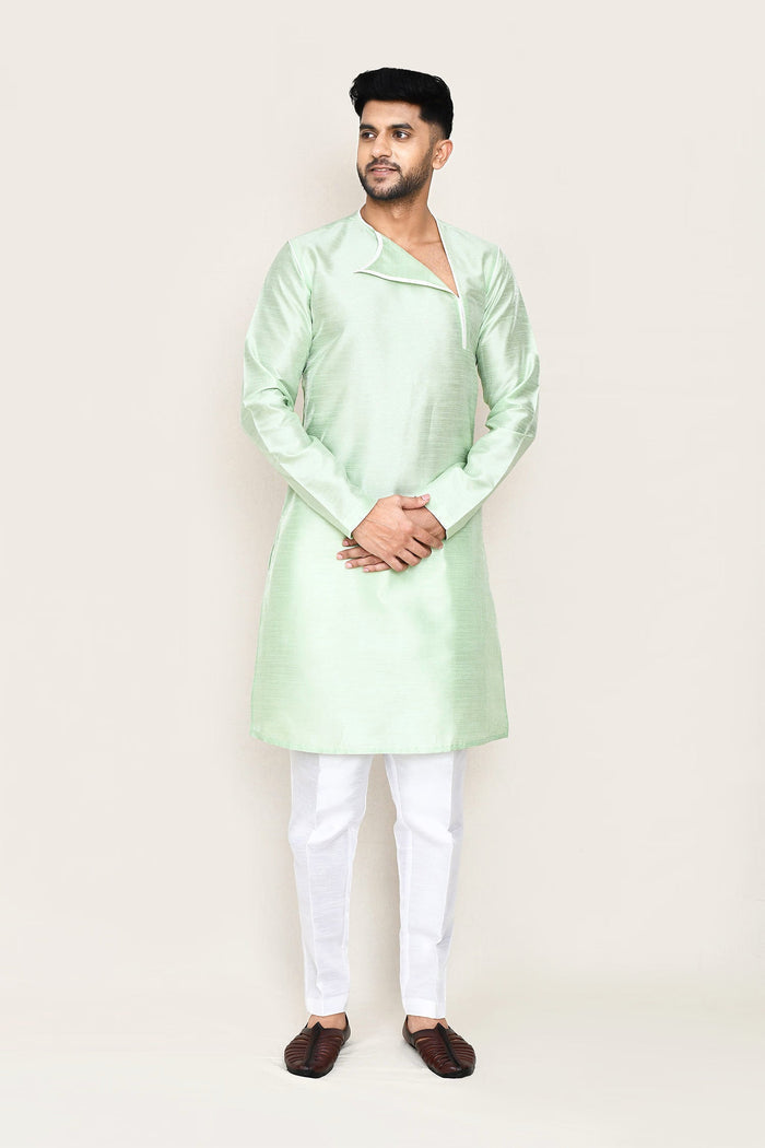 Soft Pistachio Green Art Silk Kurta Set With Designer Neck