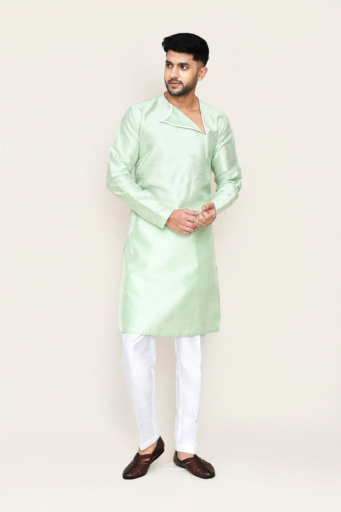 Soft Pistachio Green Art Silk Kurta Set With Designer Neck