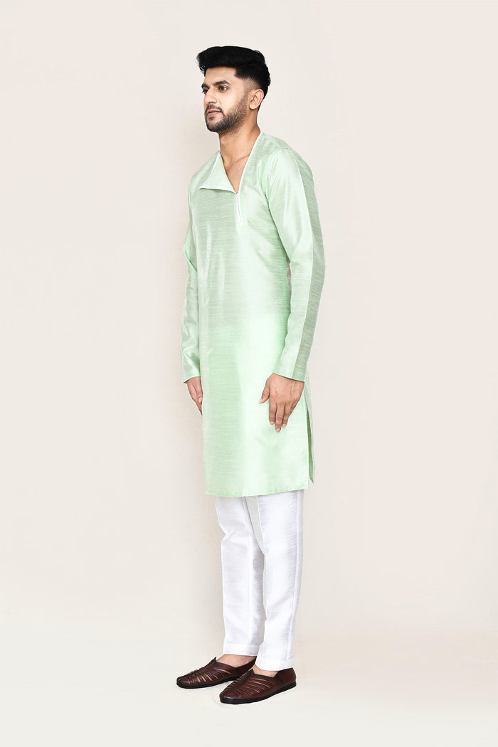 Soft Pistachio Green Art Silk Kurta Set With Designer Neck
