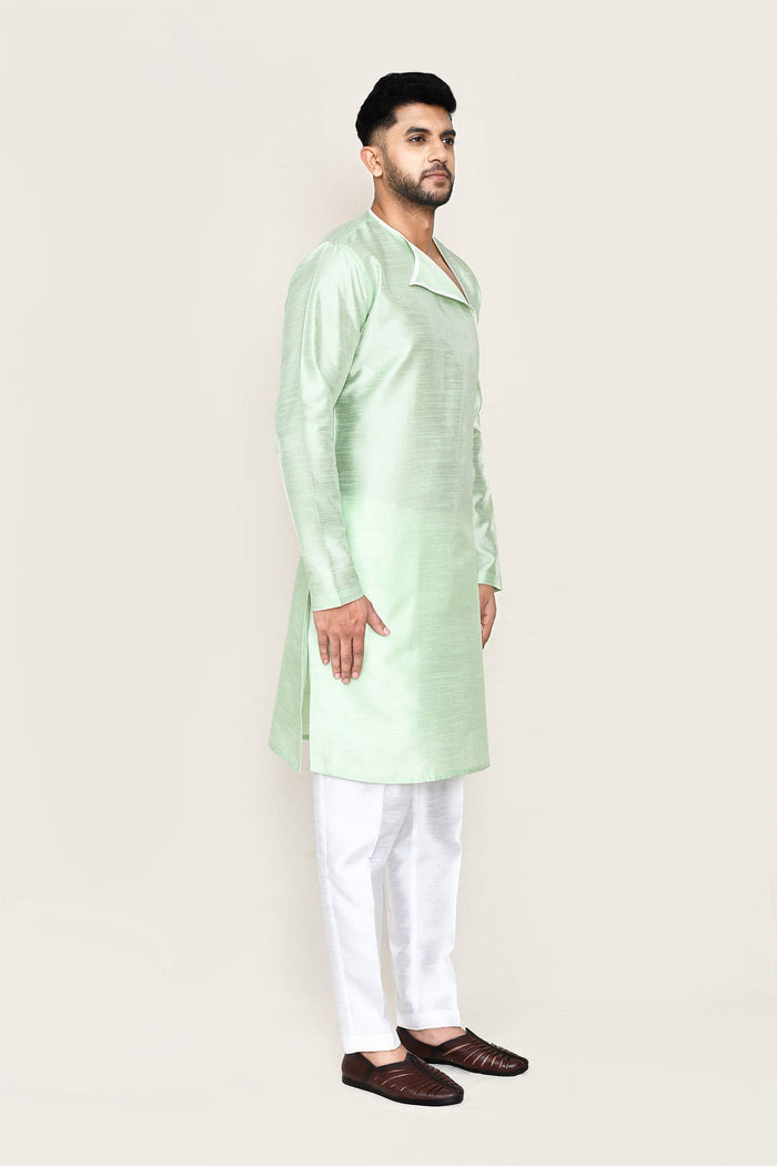 Soft Pistachio Green Art Silk Kurta Set With Designer Neck