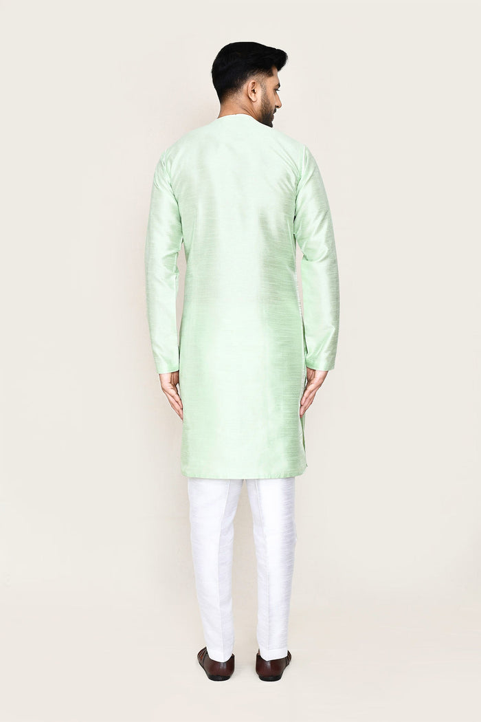 Soft Pistachio Green Art Silk Kurta Set With Designer Neck