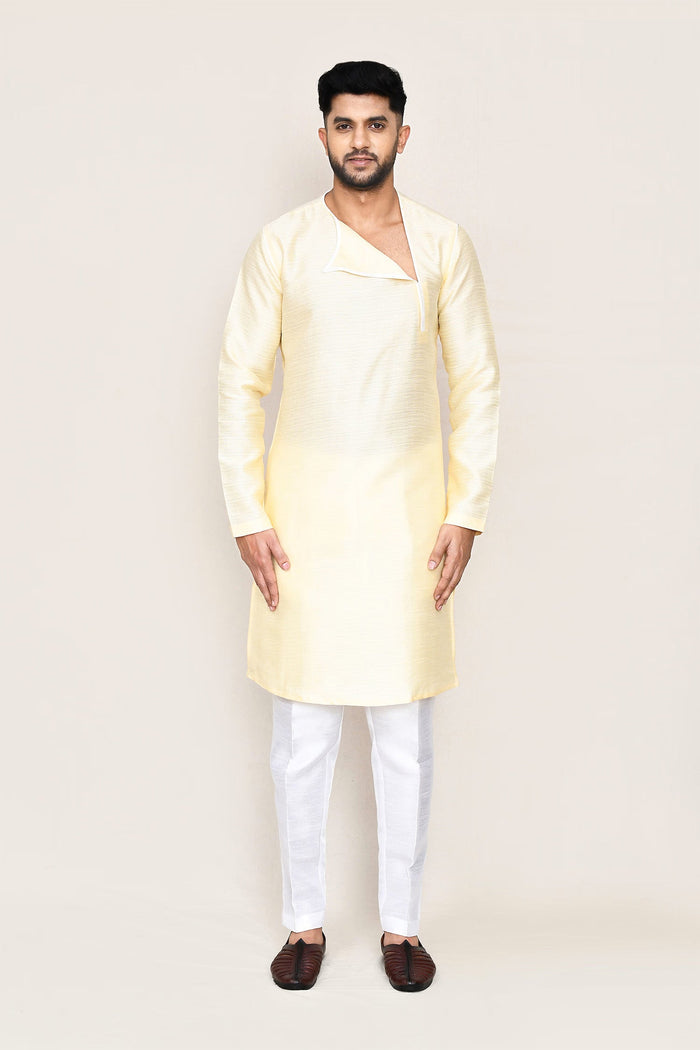Soft Yellow Art Silk Kurta Set With Designer Neck