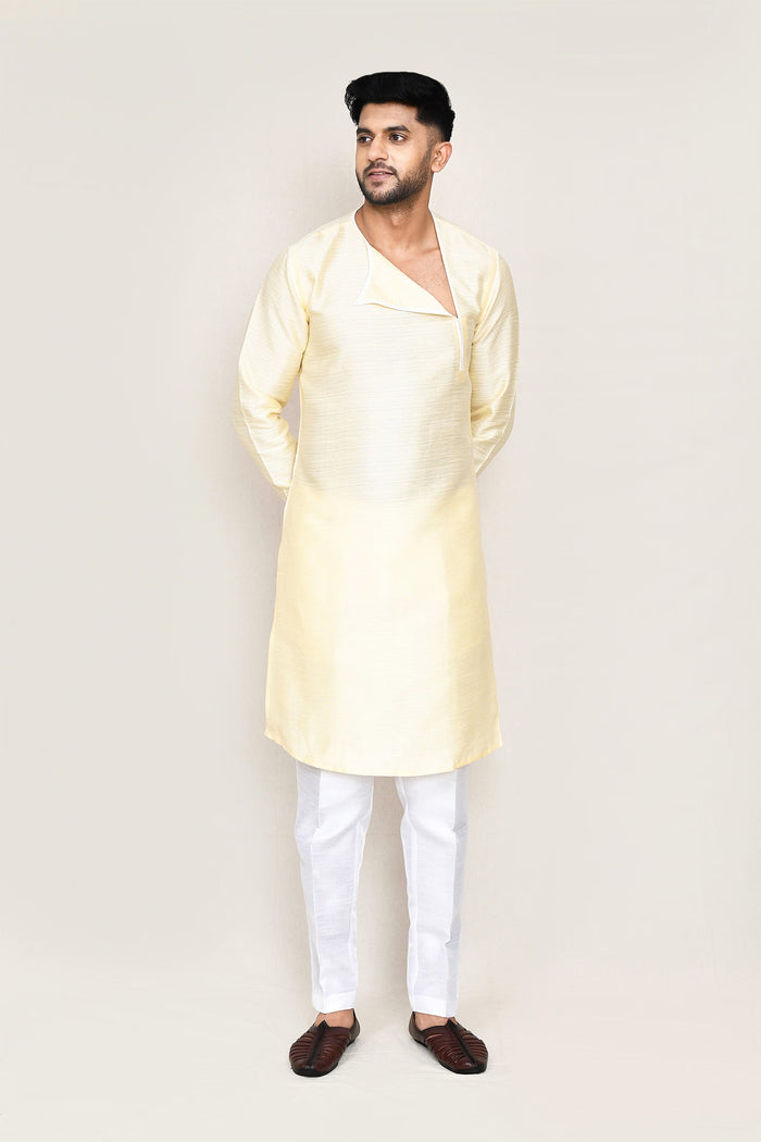 Soft Yellow Art Silk Kurta Set With Designer Neck