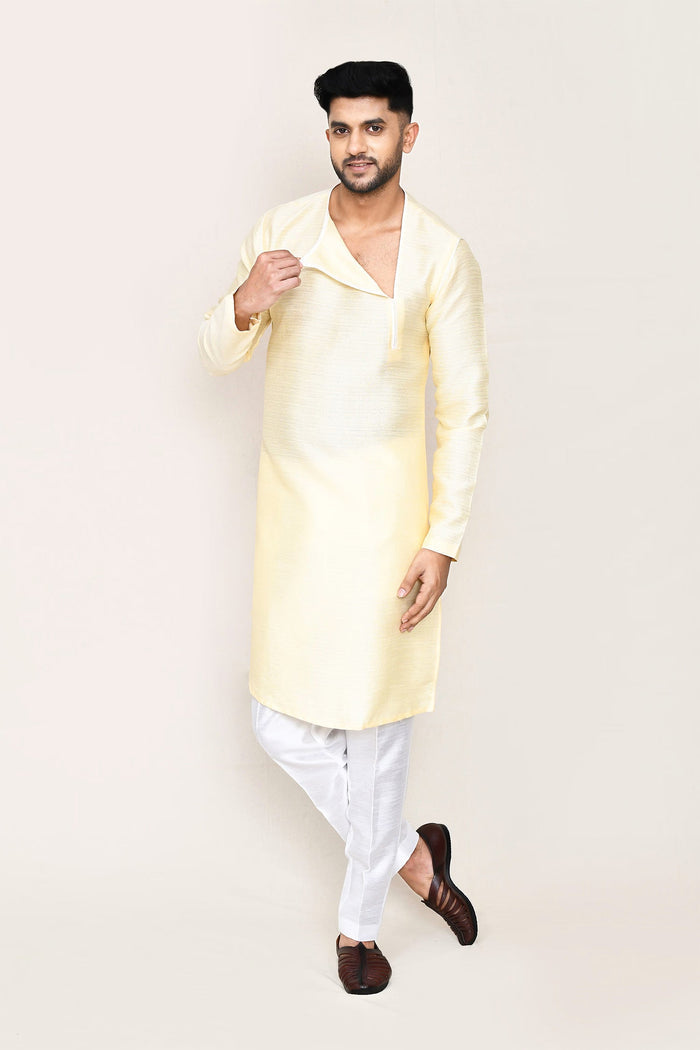 Soft Yellow Art Silk Kurta Set With Designer Neck