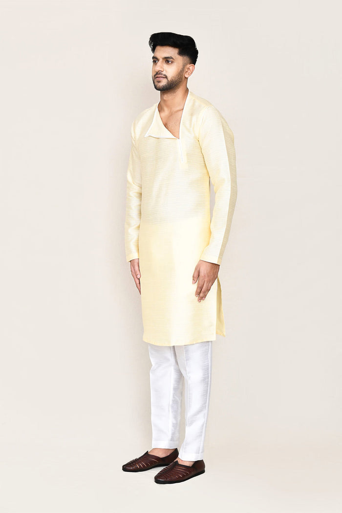 Soft Yellow Art Silk Kurta Set With Designer Neck