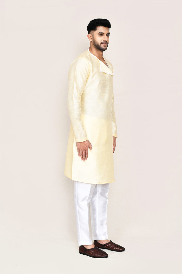 Soft Yellow Art Silk Kurta Set With Designer Neck