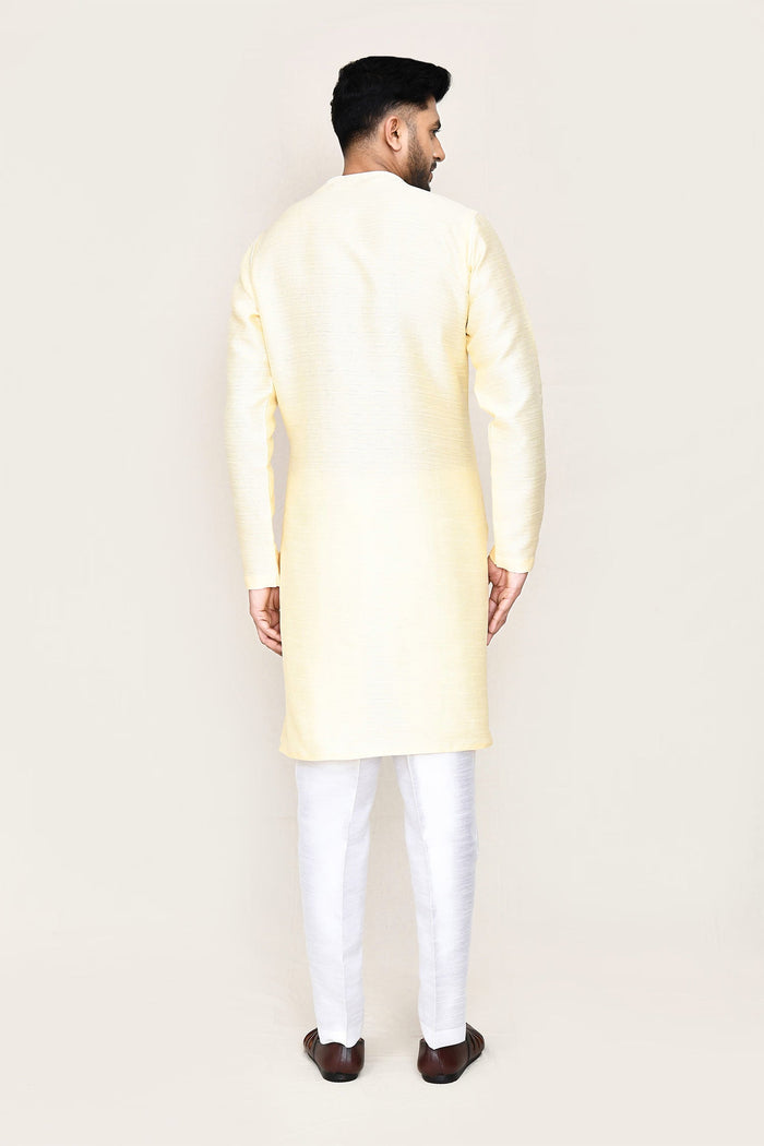 Soft Yellow Art Silk Kurta Set With Designer Neck