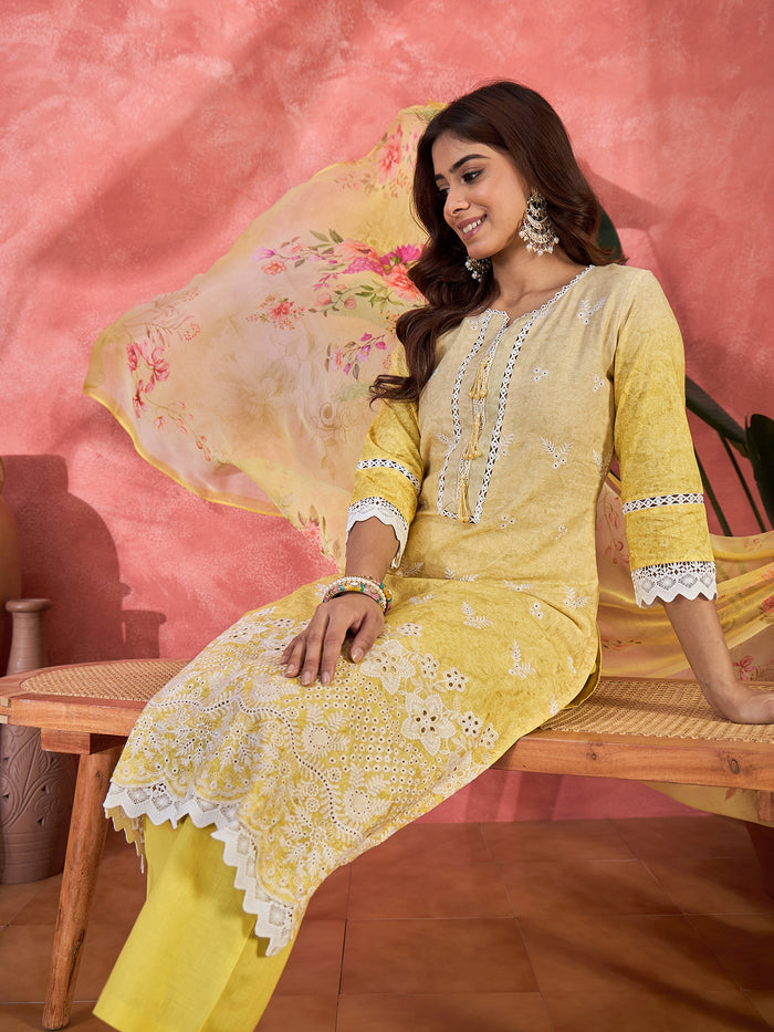 Soft Yellow Embroidered Cotton Kurta Set