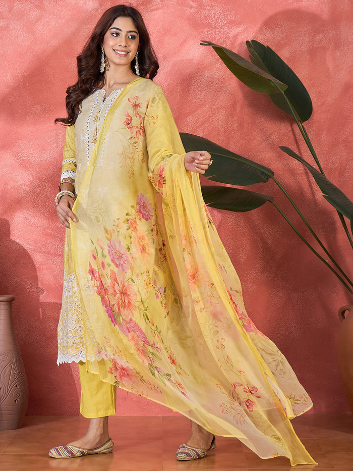 Soft Yellow Embroidered Cotton Kurta Set