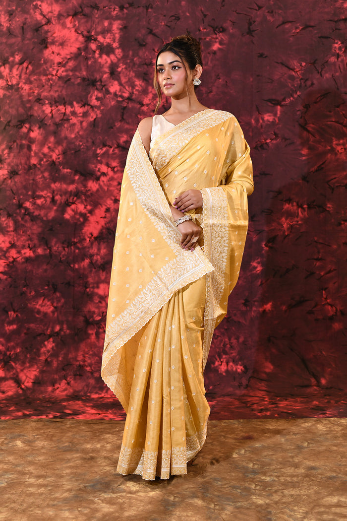Soft Yellow Floral Silk Blend Saree