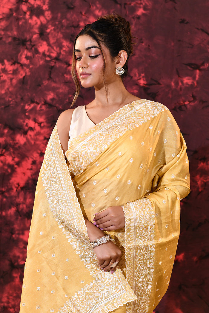 Soft Yellow Floral Silk Blend Saree