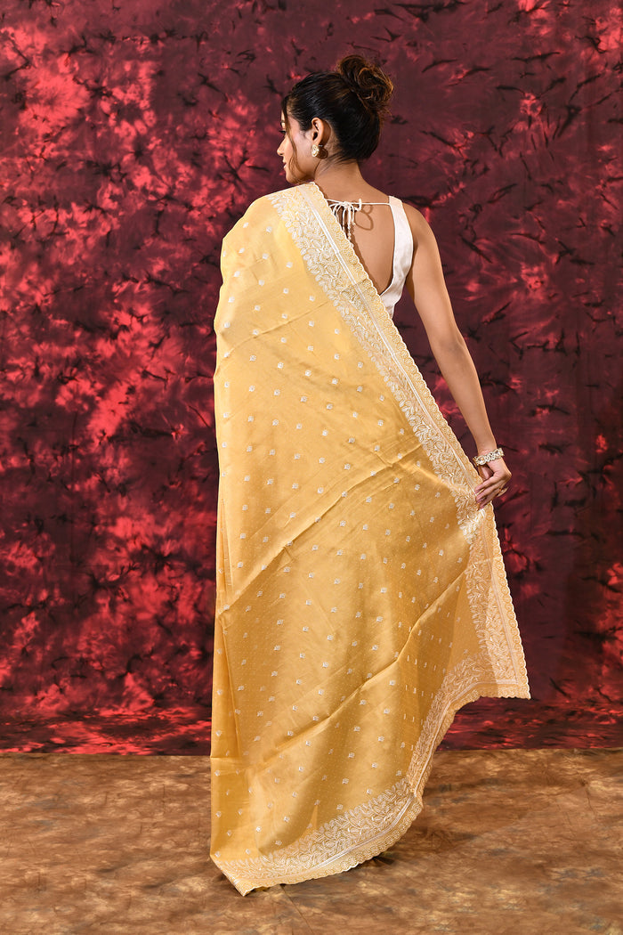 Soft Yellow Floral Silk Blend Saree