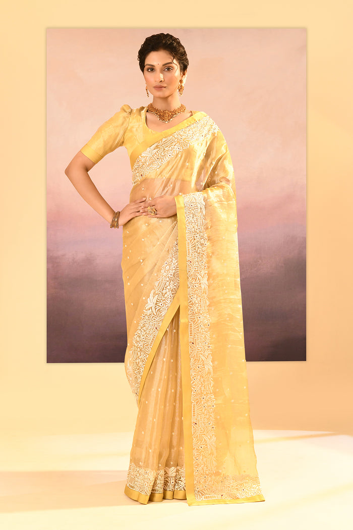 Soft Yellow Tissue Embroidered Saree