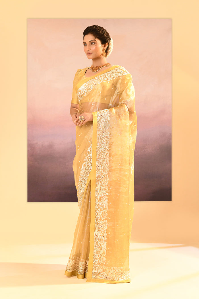 Soft Yellow Tissue Embroidered Saree