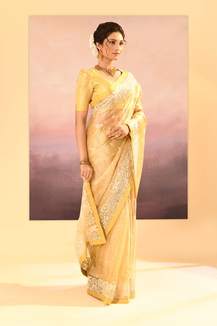 Soft Yellow Tissue Embroidered Saree