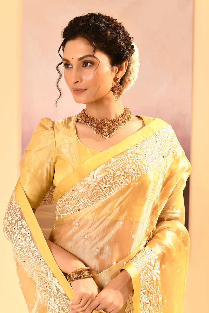 Soft Yellow Tissue Embroidered Saree