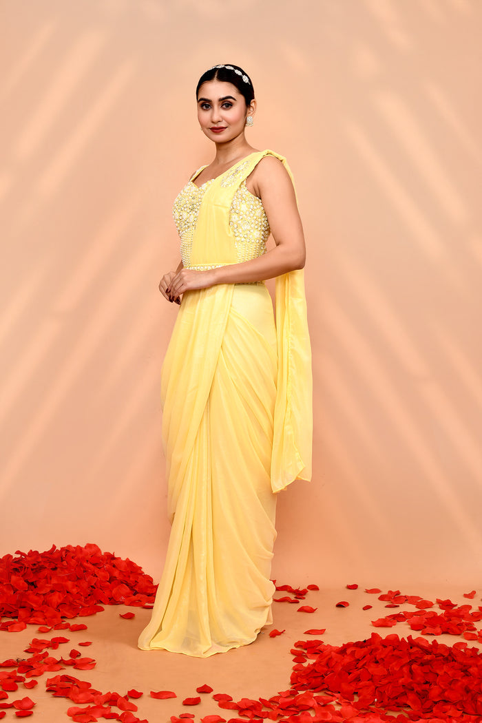 Soft Yellow Tissue Silk Embroidered Draped Saree