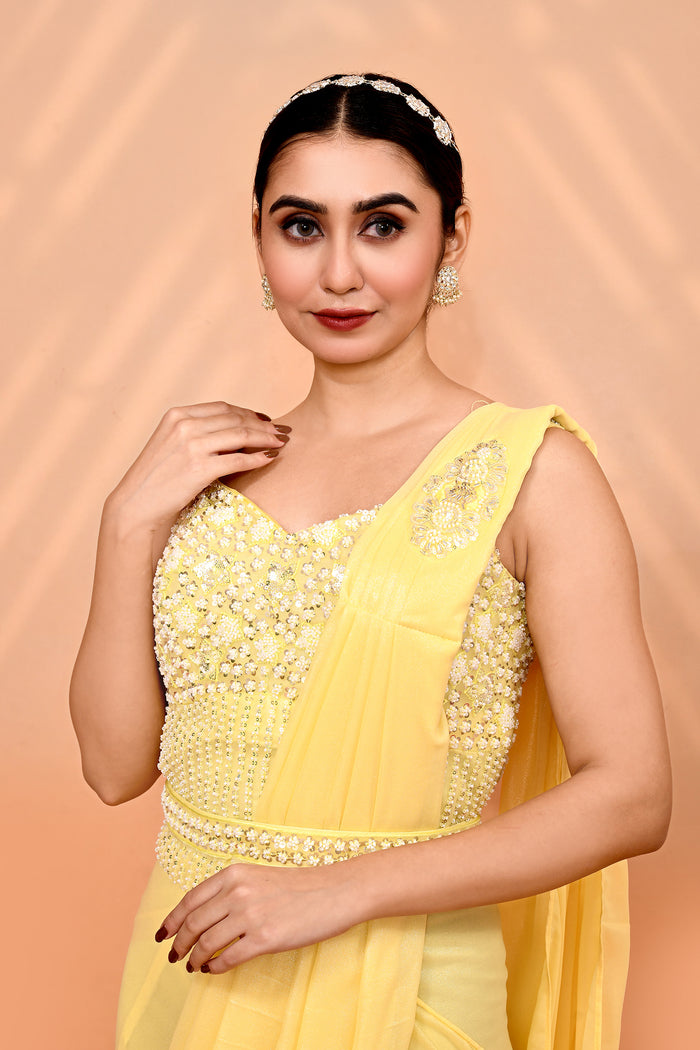 Soft Yellow Tissue Silk Embroidered Draped Saree