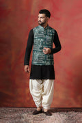 Solid Black Cotton Blend Kurta Set With Nehru Jacket