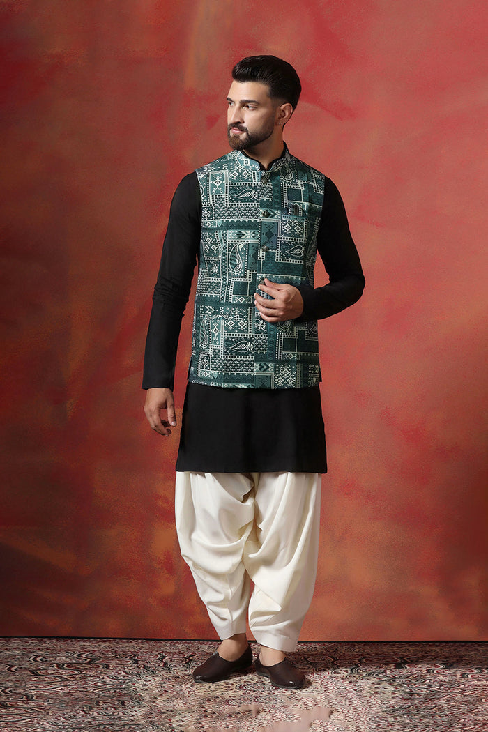 Solid Black Cotton Blend Kurta Set With Nehru Jacket