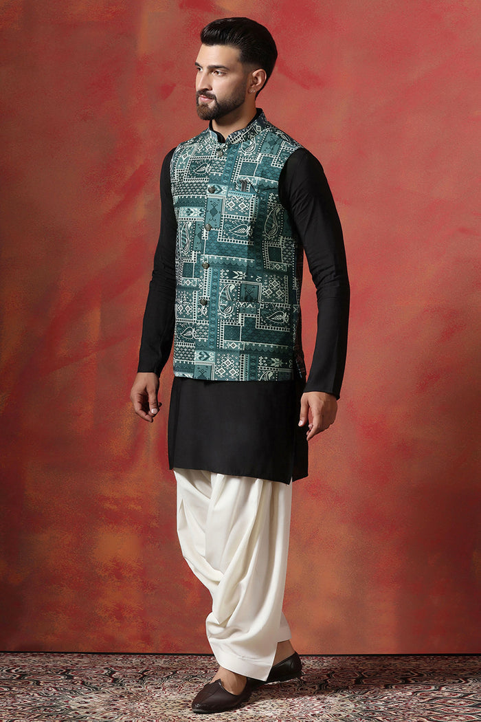 Solid Black Cotton Blend Kurta Set With Nehru Jacket
