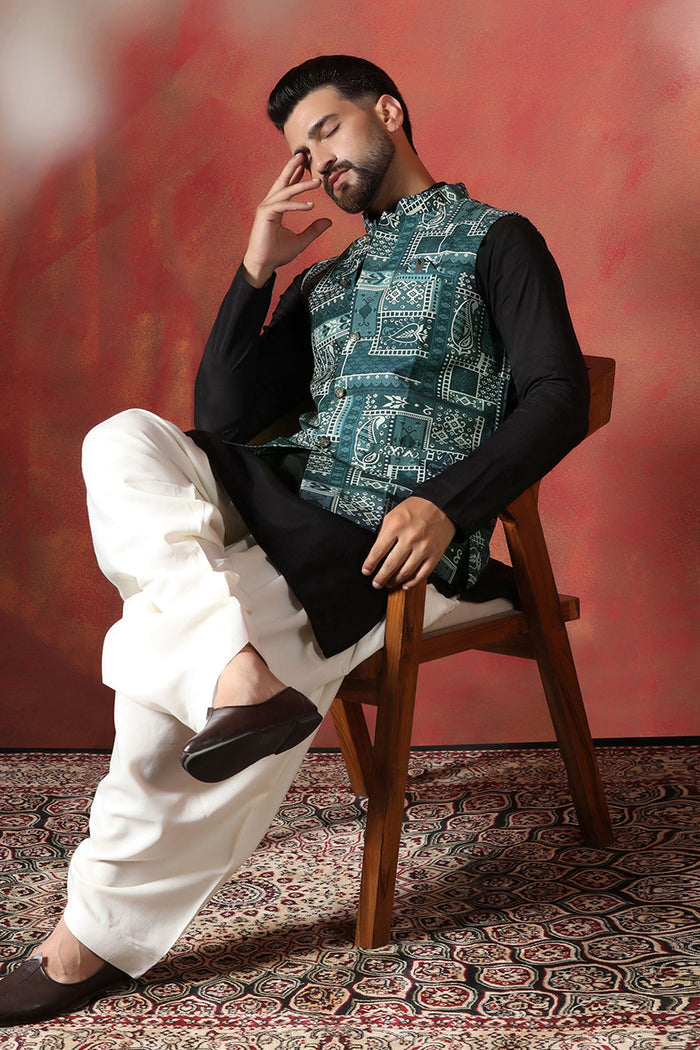 Solid Black Cotton Blend Kurta Set With Nehru Jacket